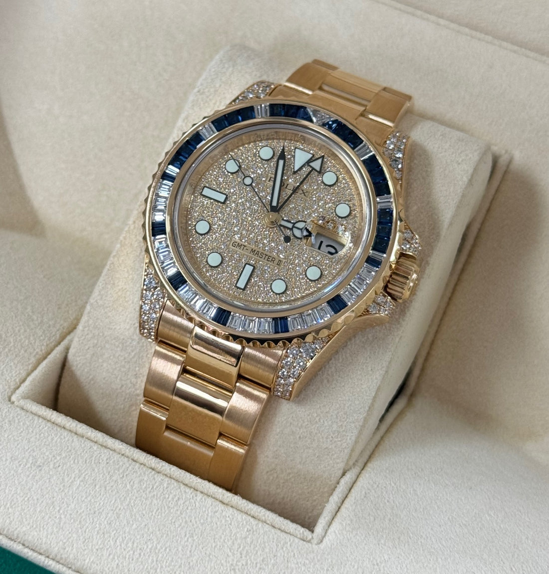 Rolex GMT-Master II Yellow Gold Sapphire / Diamond Bezel & Pave Dial (ref. 116758SABR)