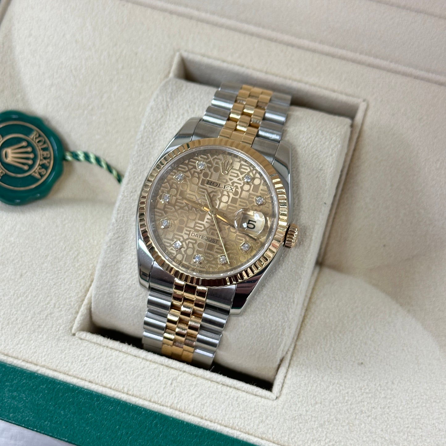 Rolex DateJust 36 Two Tone Stainless Steel / Yellow Gold Jubilee Anniversary Diamond 116233