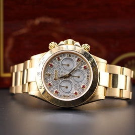 Rolex Daytona Gold, XL Pavé Ruby Dial, Zenith Movement Full Set (Ref. 16528)