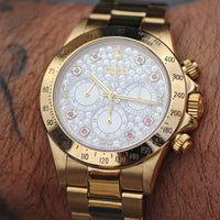 Rolex Daytona Gold, XL Pavé Ruby Dial, Zenith Movement Full Set (Ref. 16528)