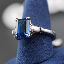 Platinum Ring, 3ct Emerald Cut Sapphire with Baguette Sides