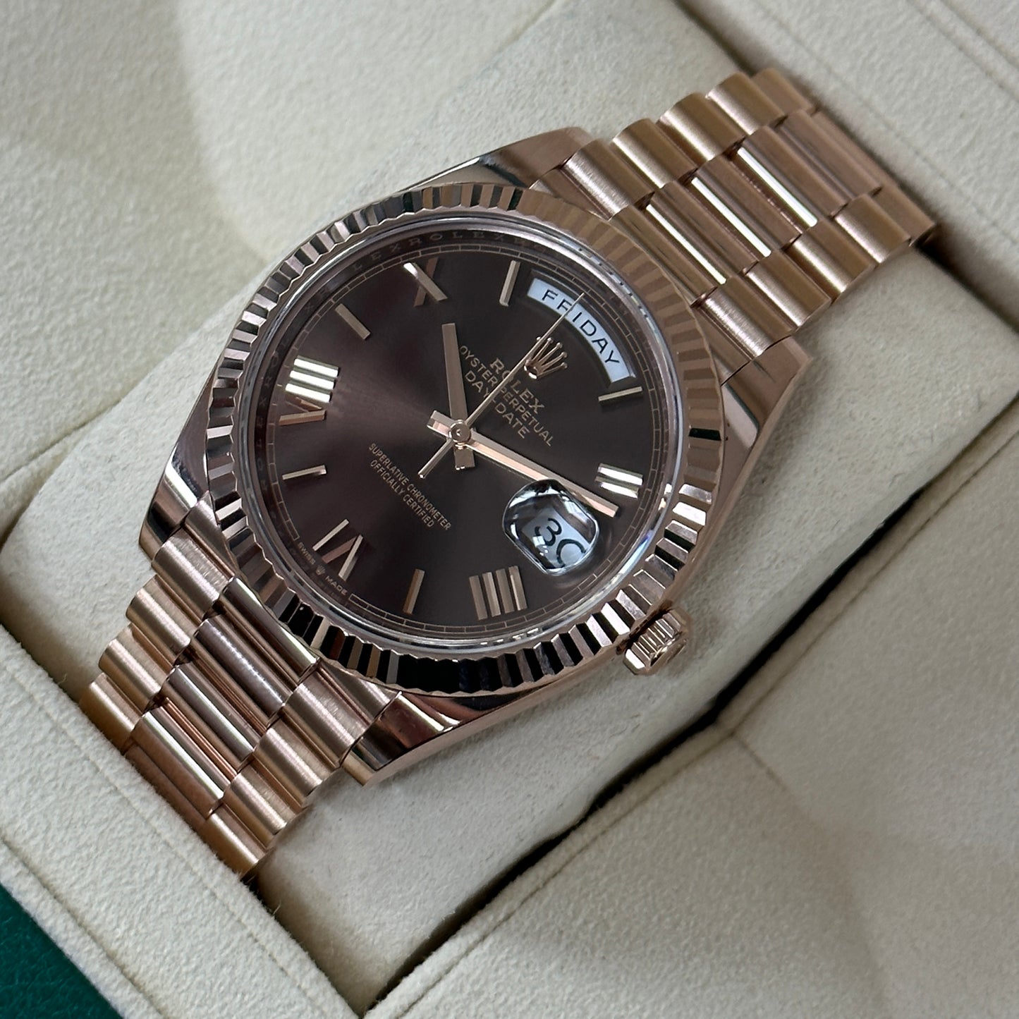 Rolex Day-Date 40mm Rose Gold/Chocolate Roman Dial 228235