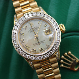 Rolex DateJust 26mm, Mother of Pearl Dial, 18k Gold President, Factory Diamond Lugs, Custom Bezel (Ref. 69238)