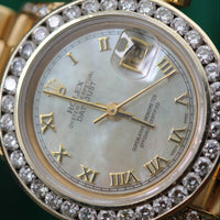 Rolex DateJust 26mm, Mother of Pearl Dial, 18k Gold President, Factory Diamond Lugs, Custom Bezel (Ref. 69238)