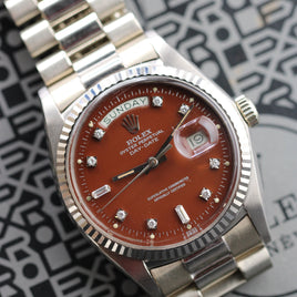 Rolex 36mm Day-Date Oxblood Stella Diamond Dial, White Gold (Ref. 1803)