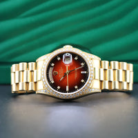 Rolex Day-Date 36mm Red Sunset Vignette Diamond Dial, Arabic Wheel, Diamond Bezel/Lugs President (Ref. 18338)