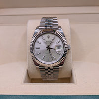 Rolex DateJust 41mm Silver Stick, Stainless Steel/18k White Gold Fluted Bezel on Jubilee (Ref. 126334)