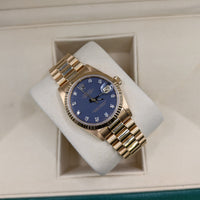 Rolex DateJust 31mm, Yellow Gold, Purple/Blue Dial with Diamond Markers (Ref. 68278)