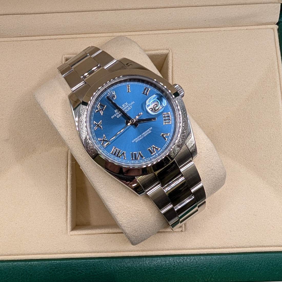 Rolex DateJust 41mm. Azzurro Blue Roman Dial, Smooth Bezel, Oyster Bracelet (Ref. 126300)