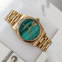 Rolex DateJust 36mm Malachite Dial on President, 18k Gold (Ref. 1601)