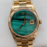 Rolex DateJust 36mm Malachite Dial on President, 18k Gold (Ref. 1601)